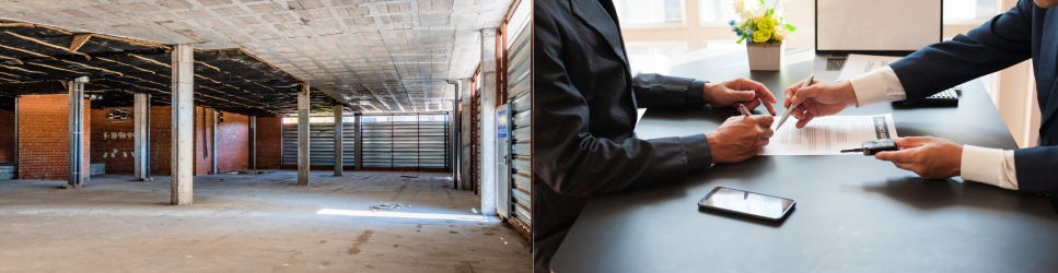 Image of a commercial property and lease being signed as web header