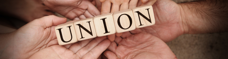 Image of hands holding up blocks which spell Union