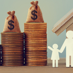 Image of a family in front of a home with investment piles increasing in size.