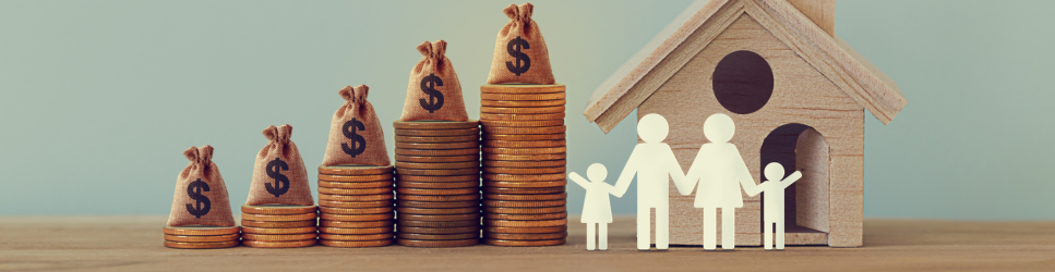 Image of a family in front of a home with investment piles increasing in size.