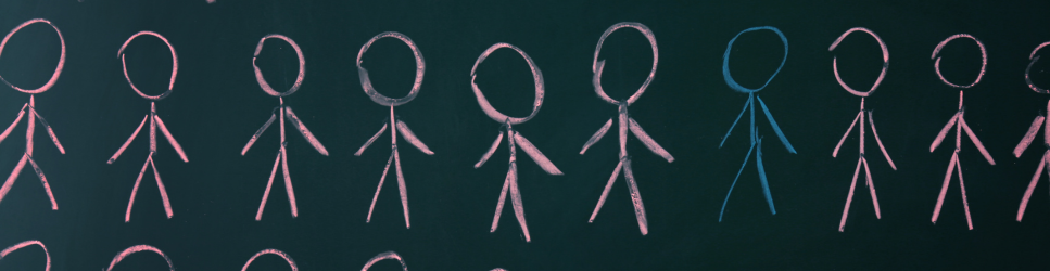 Image of Blue Stick Man surrounded by Pink ones for Equality header image
