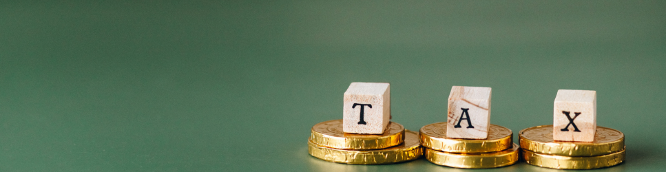 Image of Tax blocks and coins on a green background.