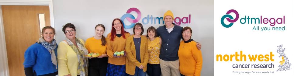 Staff wearing Blue and Yellow for Charity Bake Sale - DTM Legal and North West Cancer Research Logo