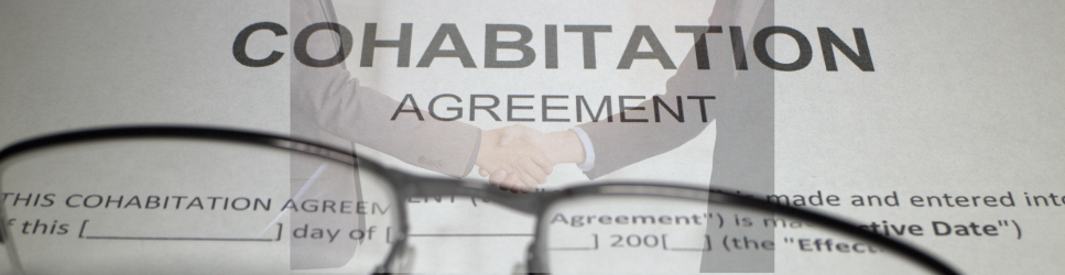 Image of a cohabitation agreement document with a couple shaking hands