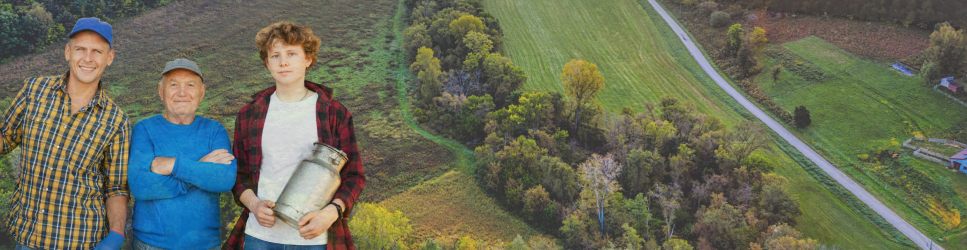 Image of three generations of farmers with agricultural land & property in the background