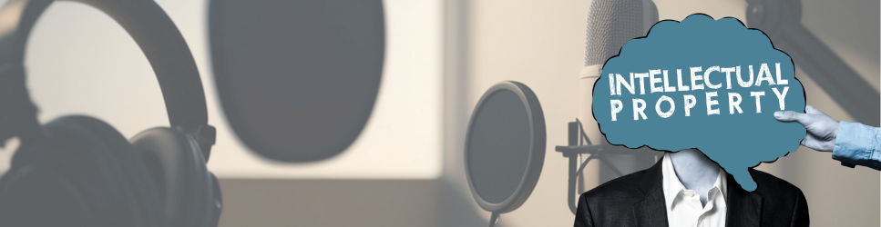 Image of someone's identity being hidden by an Intellectual Property sign with microphones and headphones in the background