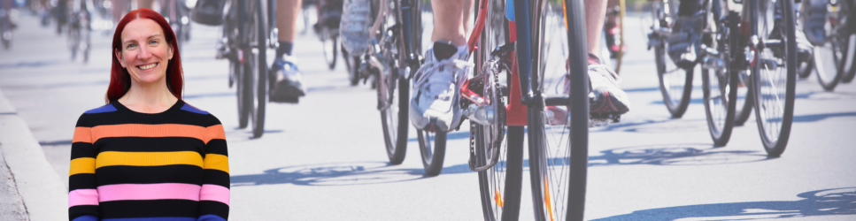 Image of Gena Pickering with Cycling background image.