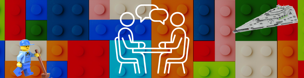 Lego bricks header image with a drawing of people in mediation