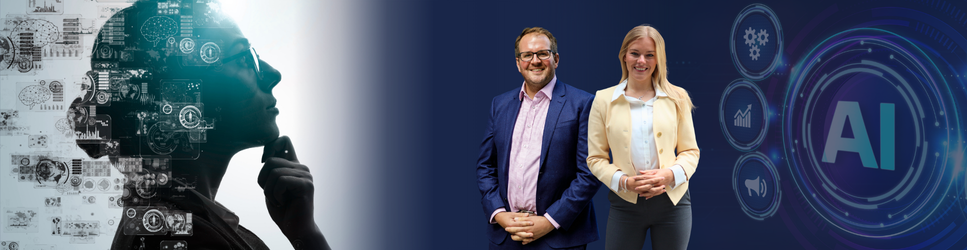 Image of Employment 7 HR Solicitors - Tom Evans and Louise Harcombe with AI graphics in the background