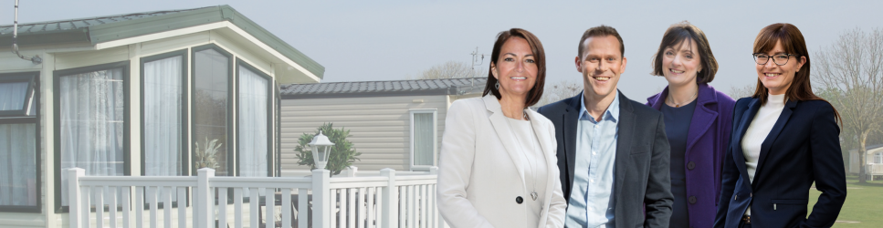 Pario Holiday Parks Acquisition - Ed Barnes, Anna Duffy, Isabel Rial and Alison Brennan profile photos with caravan park background image