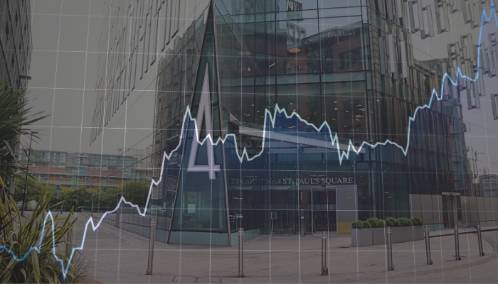 Image of the DTM Legal Liverpool office with growth chart overlaid